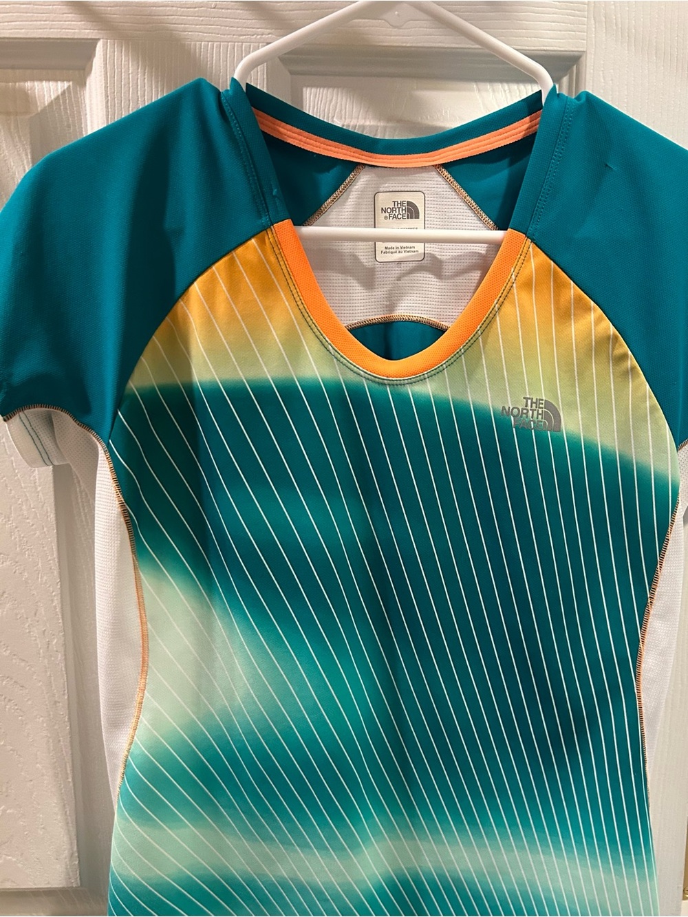 The North Face FlashDry Technical Running Shirt Womens Teal Orange White MEDIUM